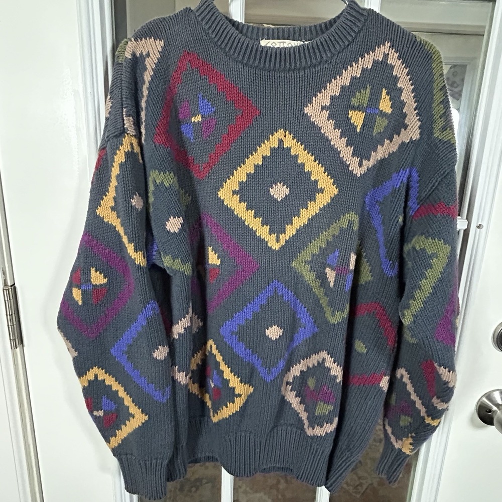 Vintage 90s Cotton Traders Hand Loomed Diamond Knit Grampa Sweater  Medium